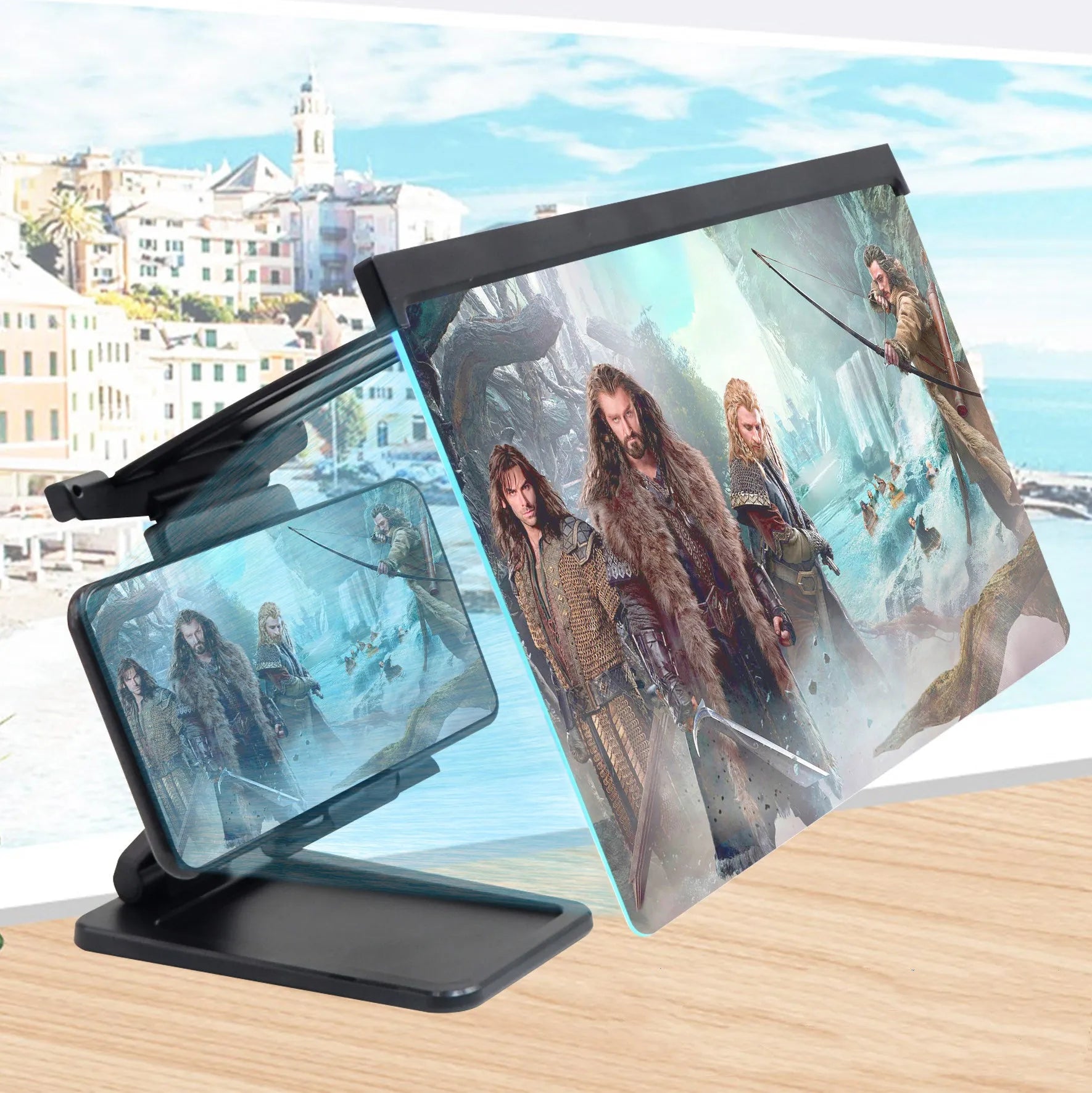 Black L20 split mobile phone screen magnifier with 12-inch acrylic lens and folding bracket on table