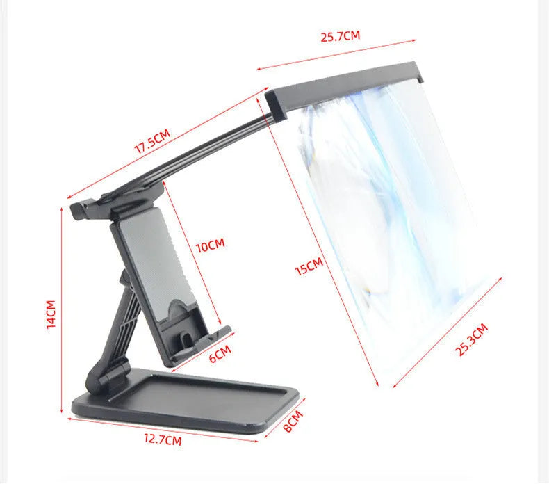 Black L20 split mobile phone screen magnifier with 12-inch acrylic lens and folding bracket on table
