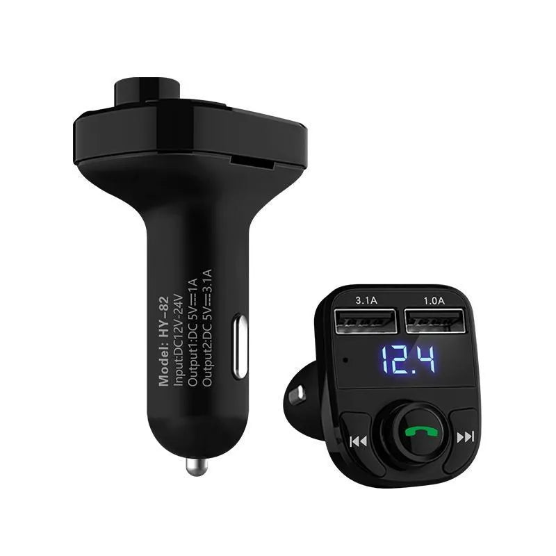 Black HY82 car Bluetooth MP3 player and hands-free kit plugged into a car cigarette lighter socket