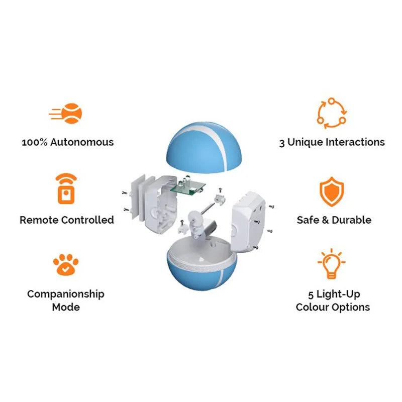 90mm plastic remote control pet toy ball with LED flashing lights in blue, orange or pink, with remote and charging cable