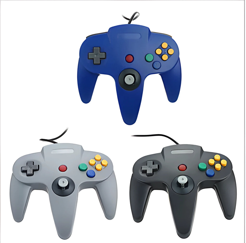 USB N64 game controller for PC in assorted colours on a black background.