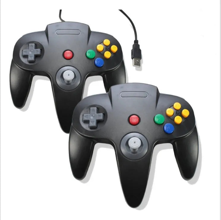 USB N64 game controller for PC in assorted colours on a black background.