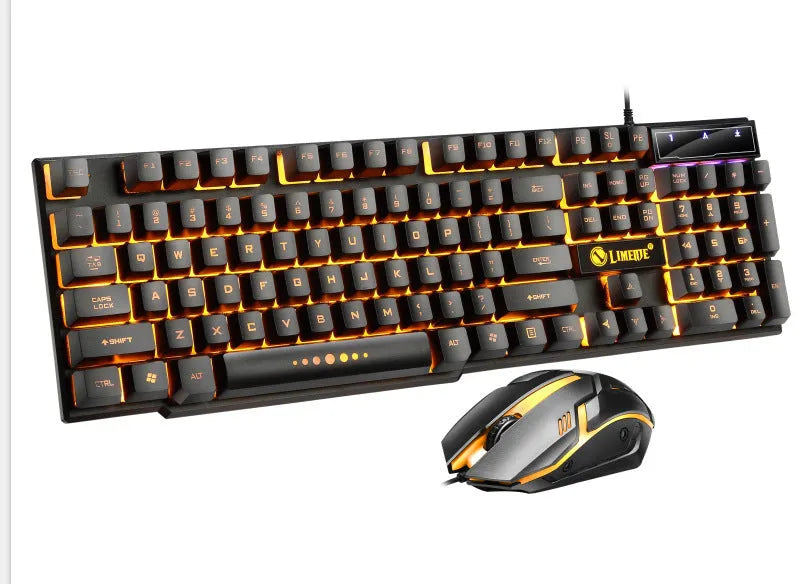 Limei GTX300 USB wired gaming keyboard and mouse set with RGB backlight on black keyboard