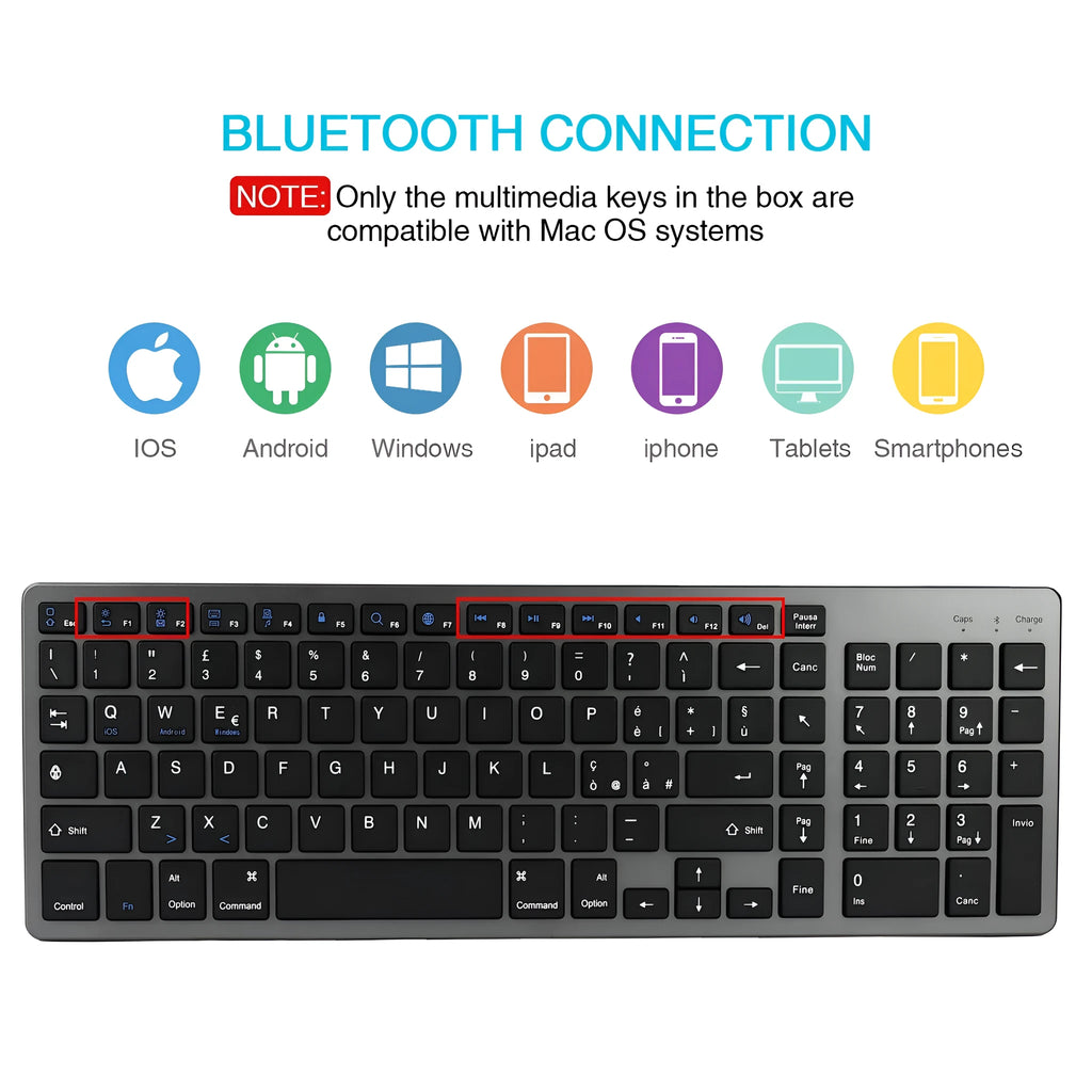 White universal Bluetooth keyboard for iPad tablets and mobile phones showing ultra-thin 13mm design