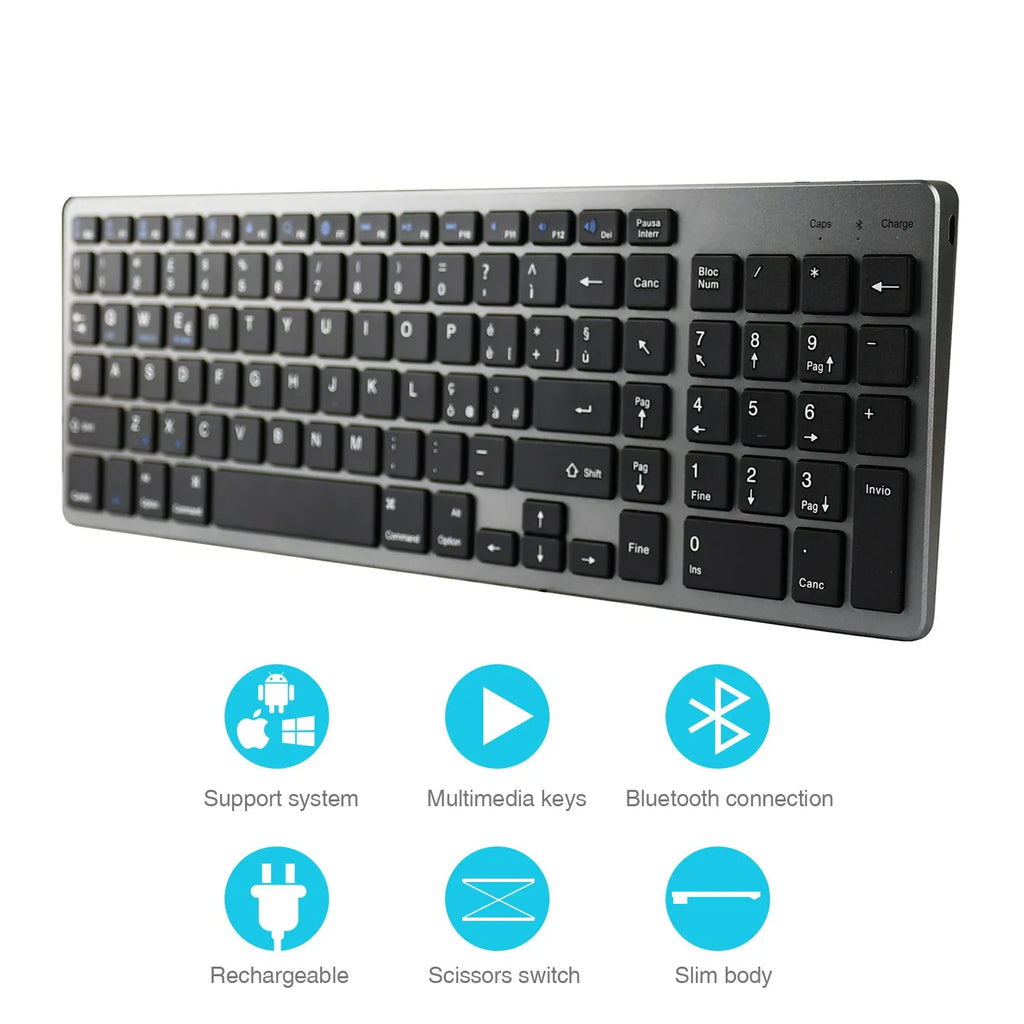 White universal Bluetooth keyboard for iPad tablets and mobile phones showing ultra-thin 13mm design