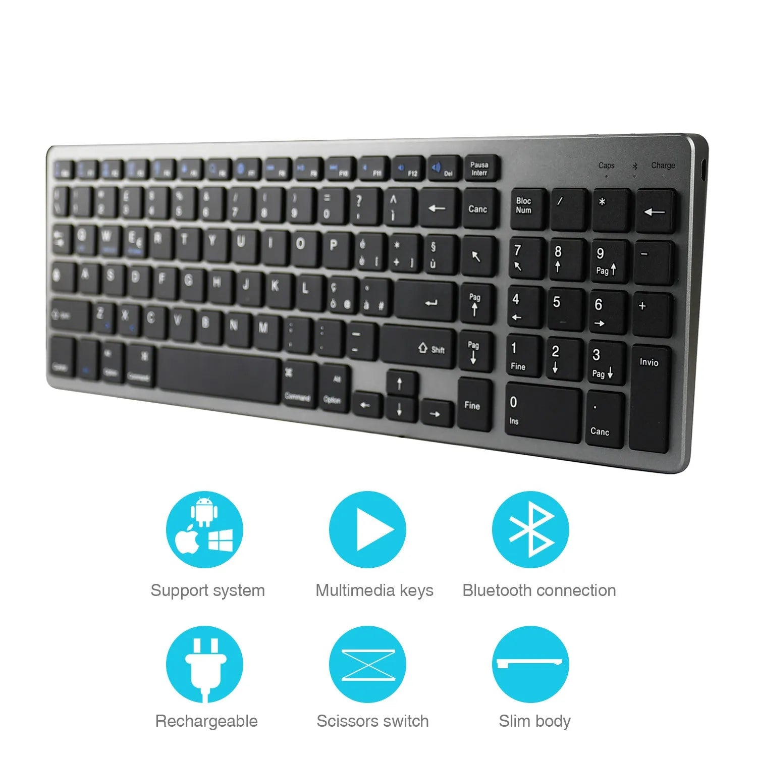 White universal Bluetooth keyboard for iPad tablets and mobile phones showing ultra-thin 13mm design