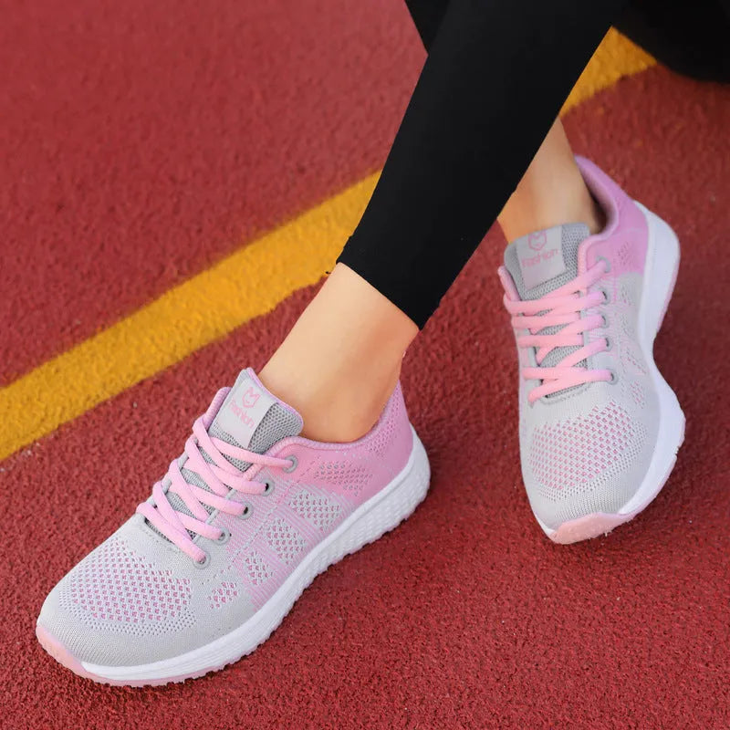 Women's white flat board high-top casual shoes with tide shoe net top and back lacing system