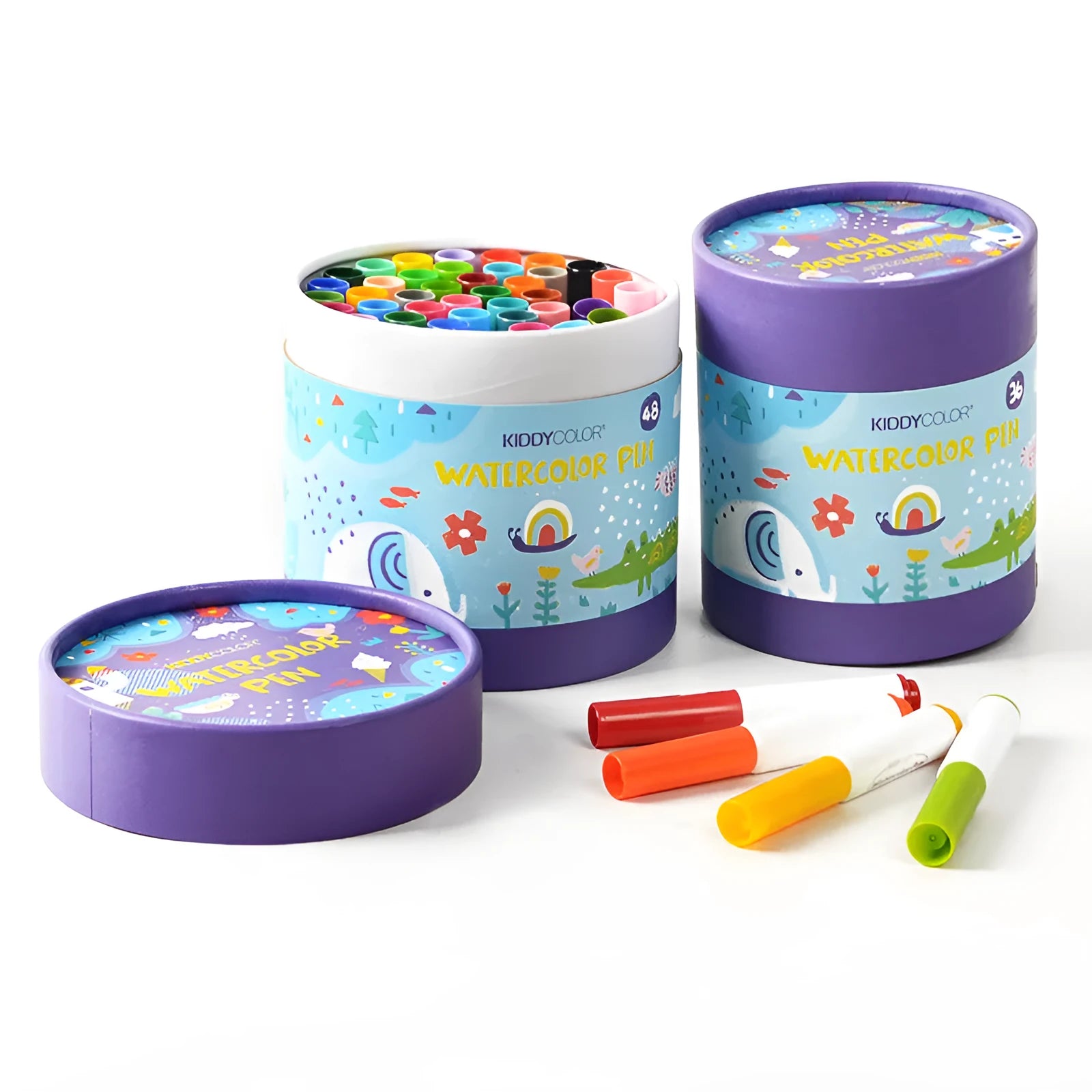 Children's washable watercolour pen set showing 36-colour and 48-colour plastic barrel options
