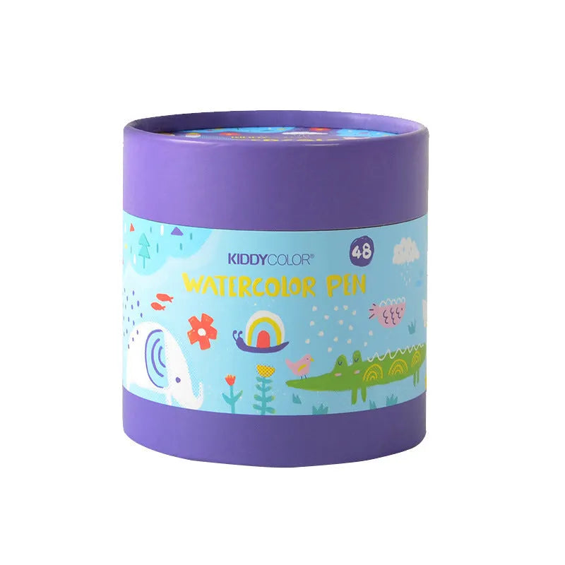 Children's washable watercolour pen set showing 36-colour and 48-colour plastic barrel options