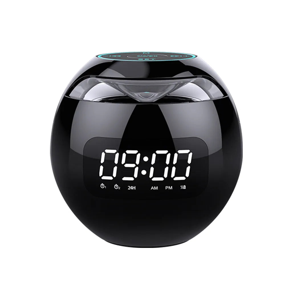 Mini ball Bluetooth speaker in pink with colourful lights and clock display on plastic casing