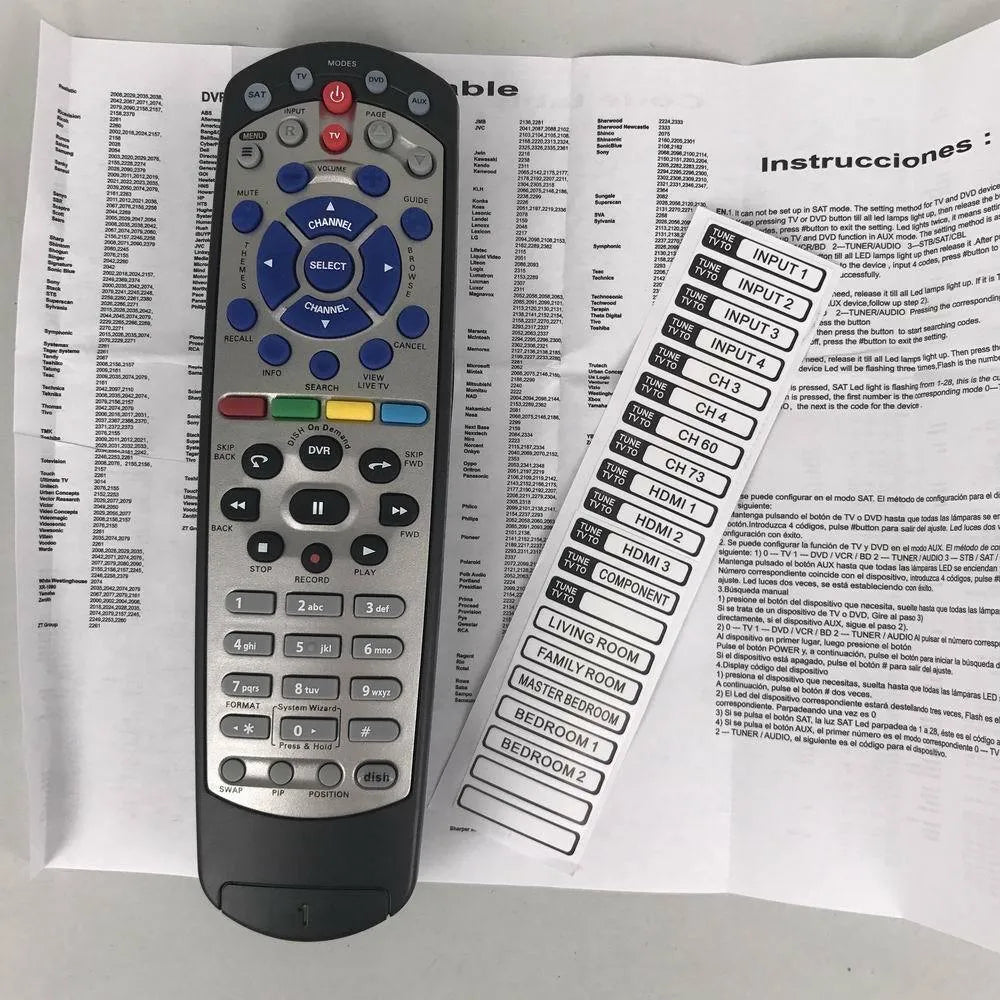Black universal remote control for DISH Network and SAT VIP television systems.