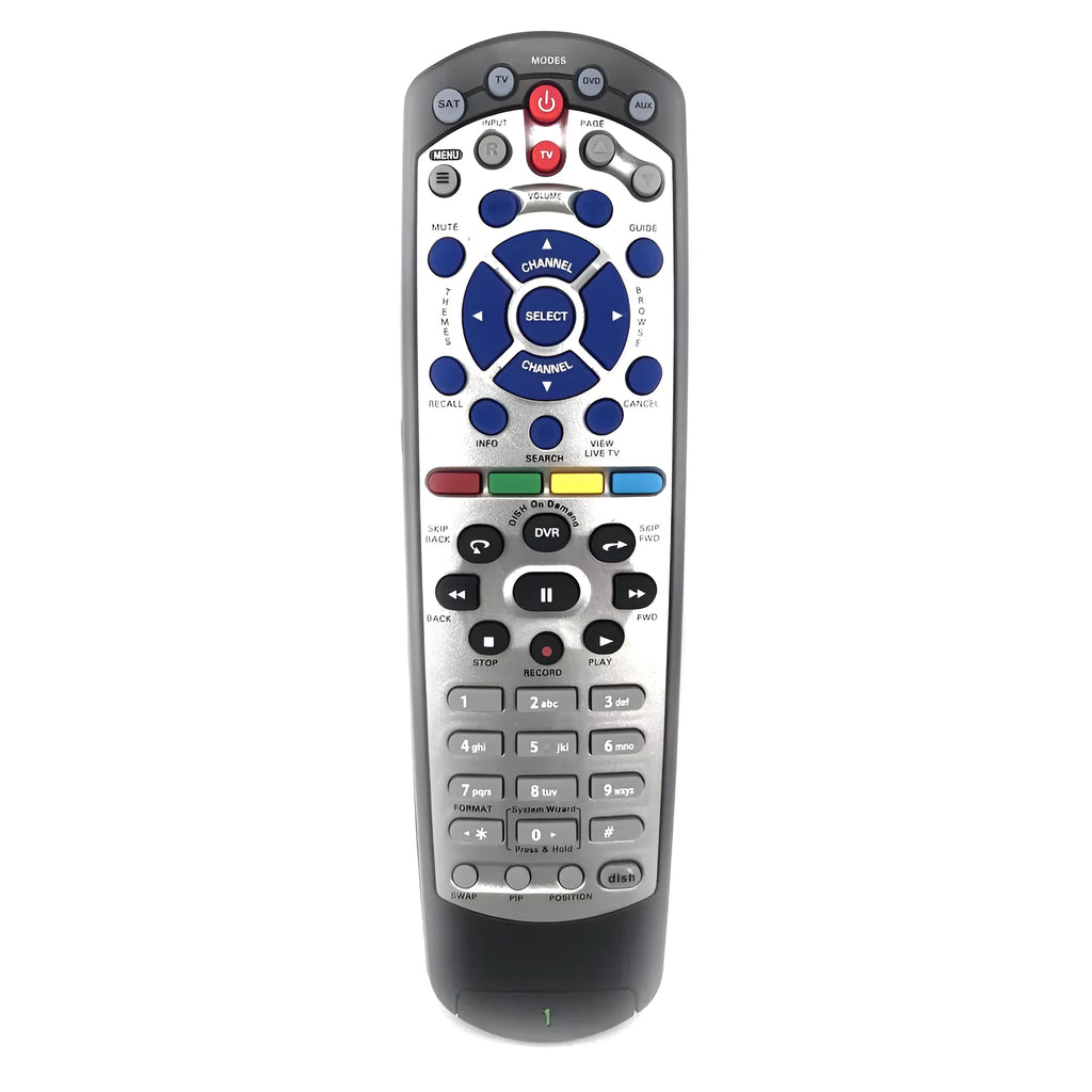Black universal remote control for DISH Network and SAT VIP television systems.