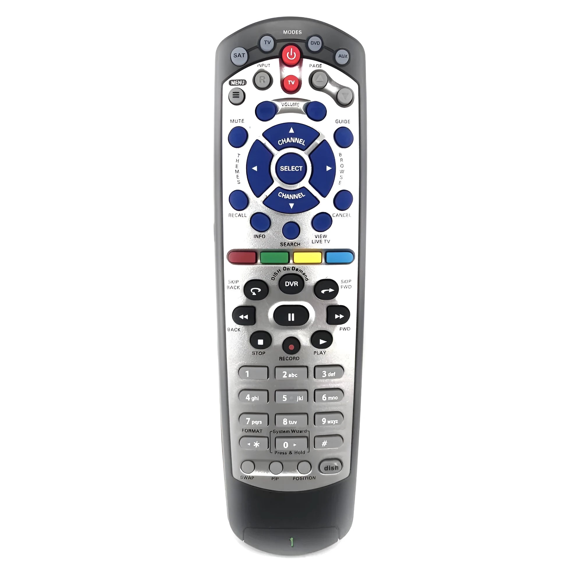 Black universal remote control for DISH Network and SAT VIP television systems.
