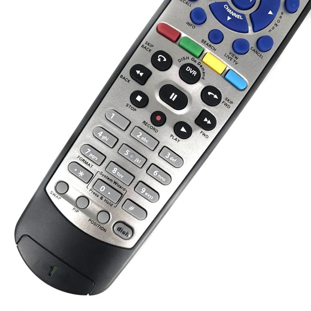Black universal remote control for DISH Network and SAT VIP television systems.