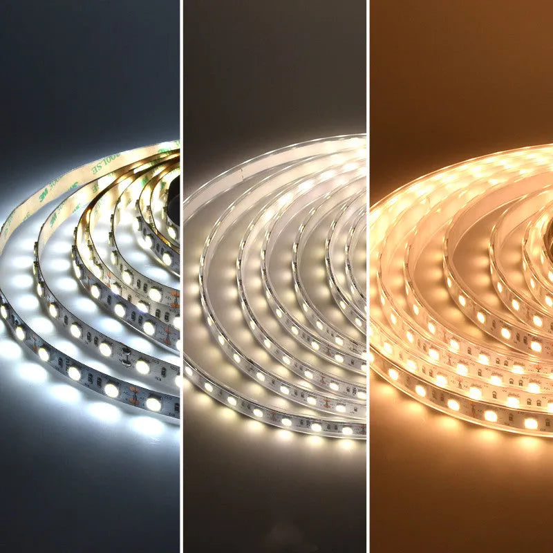 Close-up of a flexible 12V LED soft light strip, either 60 or 120 LEDs per metre, for shelf and counter lighting.
