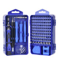 117-piece CR-V magnetic screwdriver bit set with flexible extension in a black, blue, or red case.
