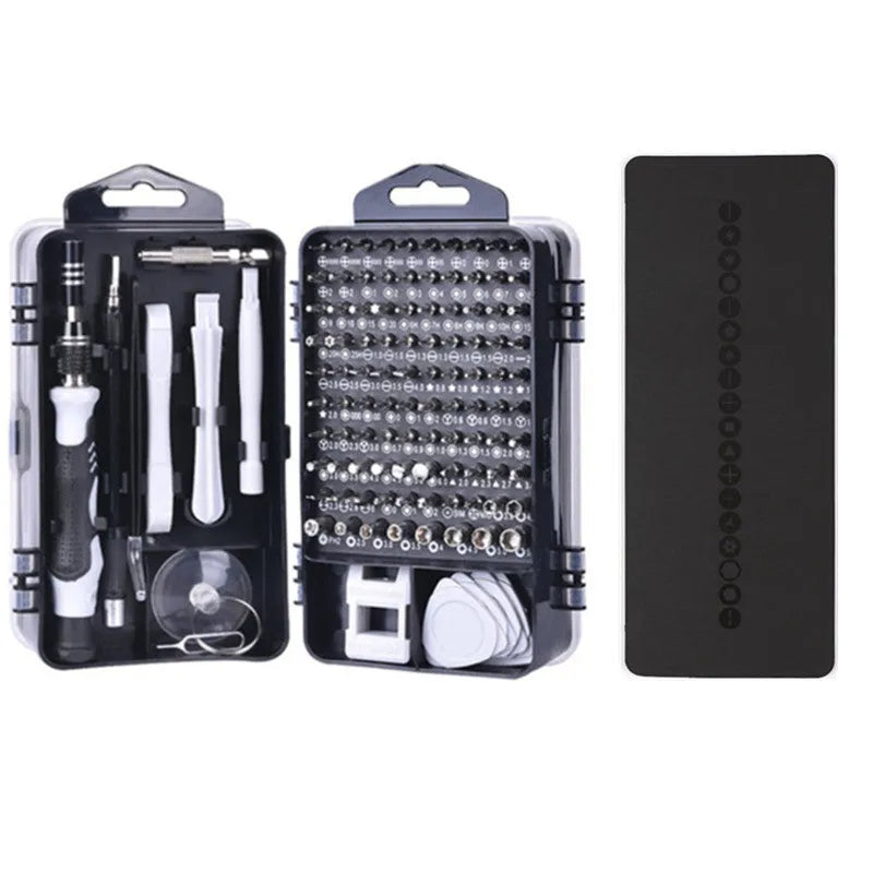 117-piece CR-V magnetic screwdriver bit set with flexible extension in a black, blue, or red case.