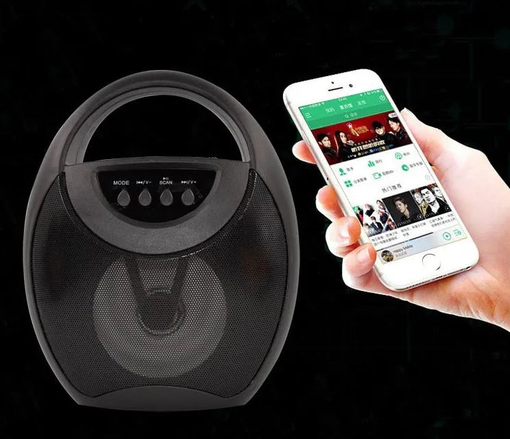 Portable Bluetooth speaker in black, blue, or pink with USB port and playback controls