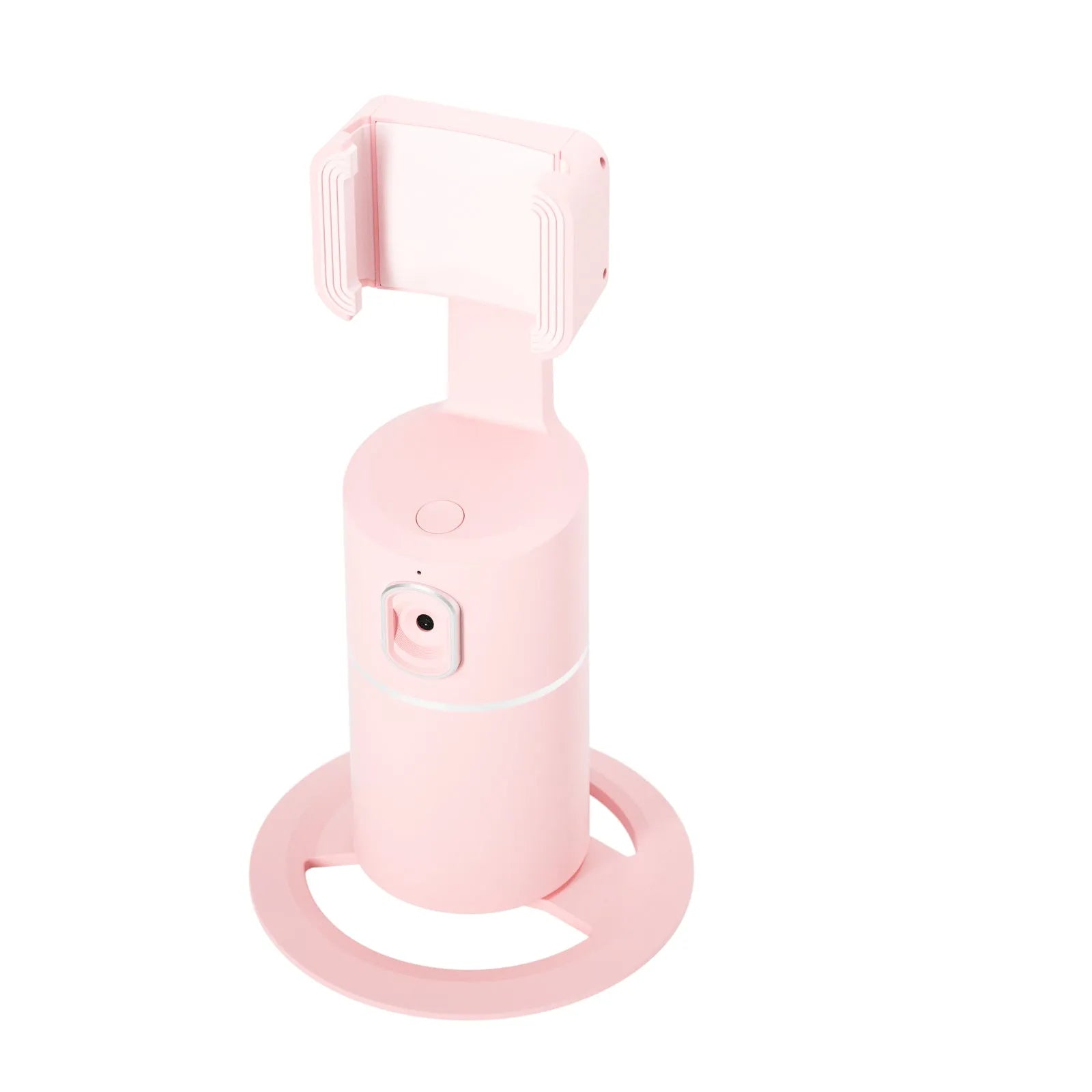 Black pink white smart tracking gimbal stabiliser attached to mobile phone showing 360-degree rotation