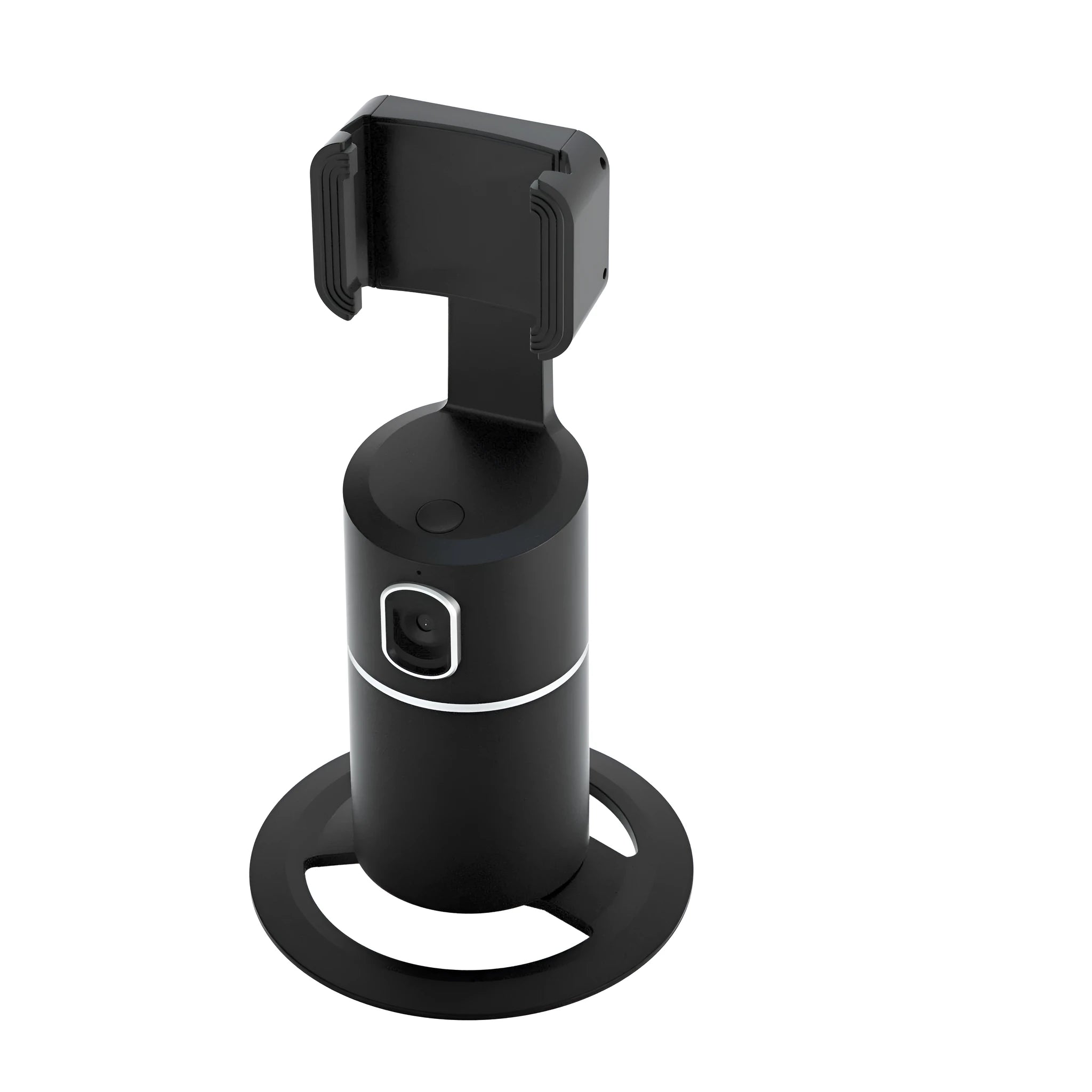 Black pink white smart tracking gimbal stabiliser attached to mobile phone showing 360-degree rotation