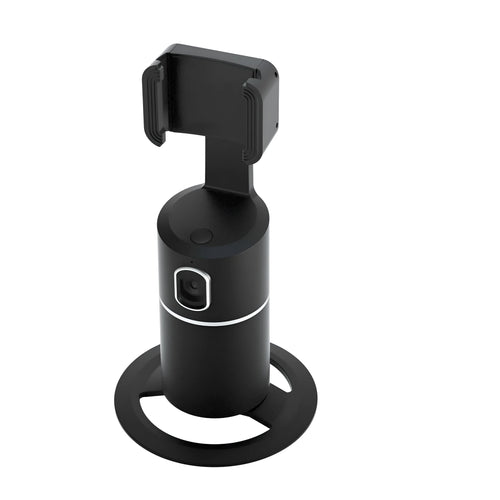Black pink white smart tracking gimbal stabiliser attached to mobile phone showing 360-degree rotation