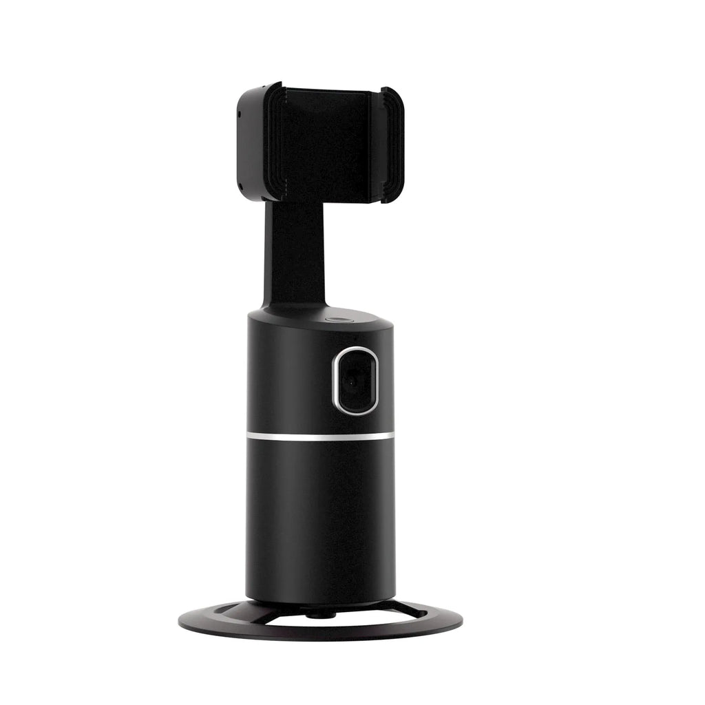 Black pink white smart tracking gimbal stabiliser attached to mobile phone showing 360-degree rotation