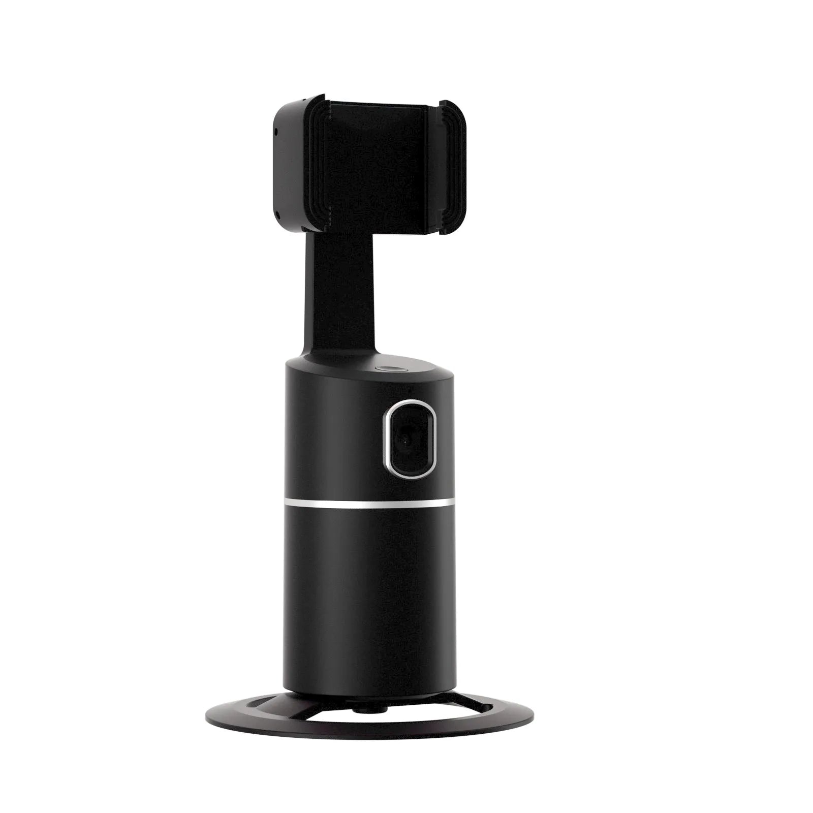 Black pink white smart tracking gimbal stabiliser attached to mobile phone showing 360-degree rotation