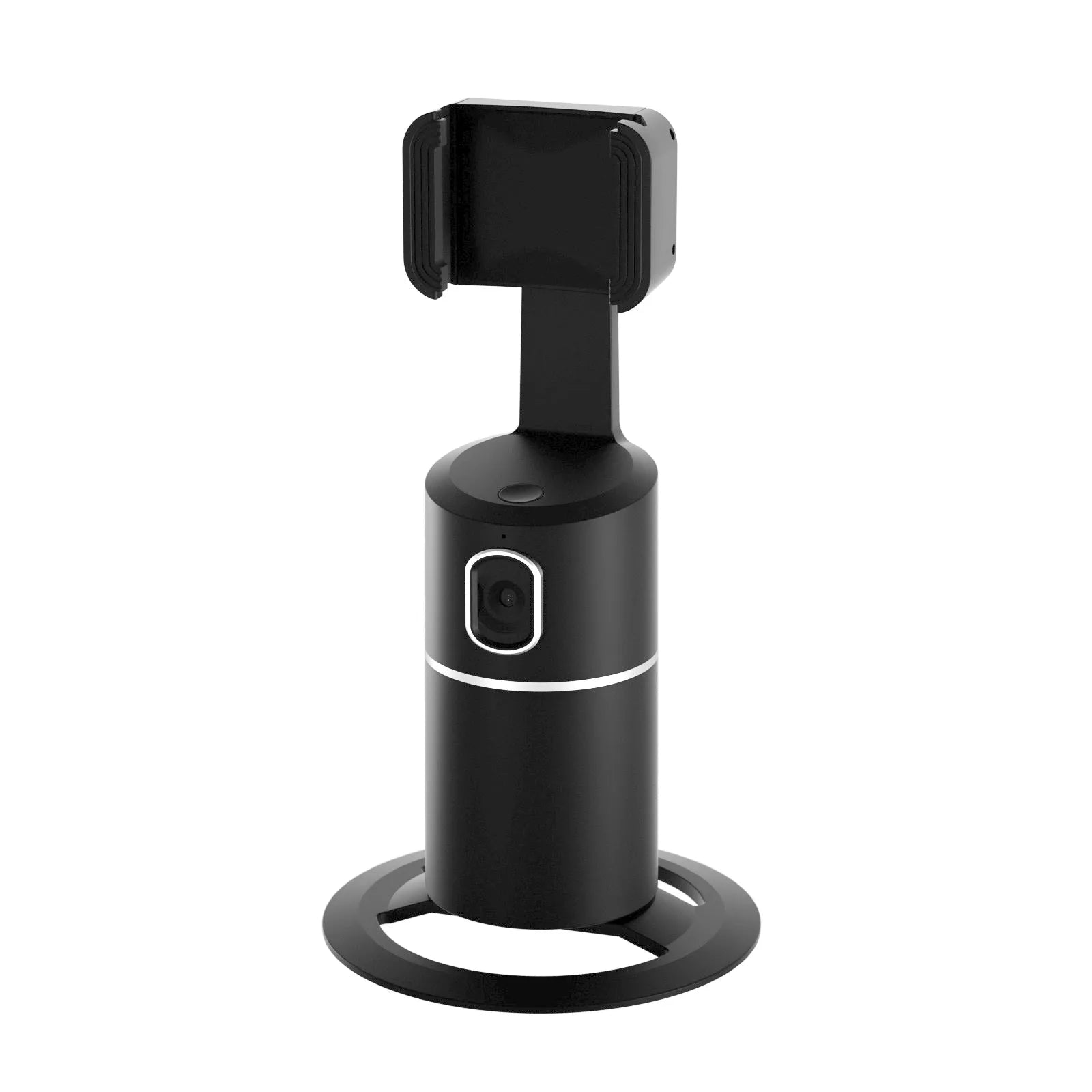 Black pink white smart tracking gimbal stabiliser attached to mobile phone showing 360-degree rotation