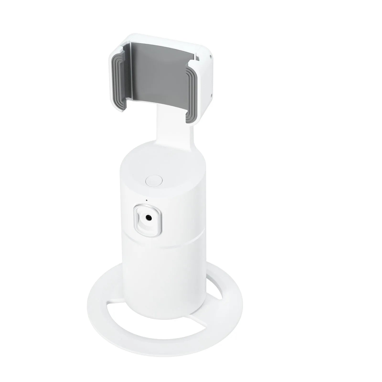 Black pink white smart tracking gimbal stabiliser attached to mobile phone showing 360-degree rotation