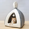 Grey fabric cat house villa bed enclosure for small dogs and cats showing enclosed design with entrance.