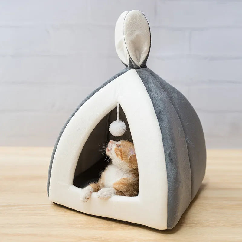 Grey fabric cat house villa bed enclosure for small dogs and cats showing enclosed design with entrance.