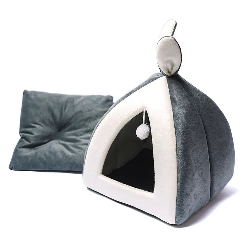Grey fabric cat house villa bed enclosure for small dogs and cats showing enclosed design with entrance.