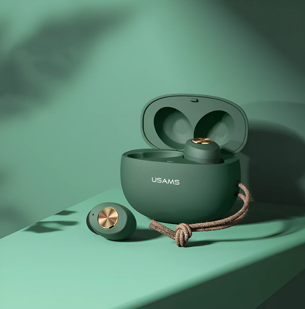 Wireless Bluetooth TWS headphones in black, white or dark green with compact charging case