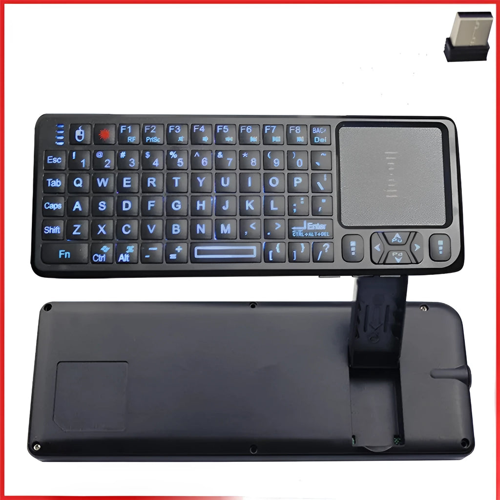 Black wireless laser teaching mini keyboard with touch screen showing backlit keys and compact design.