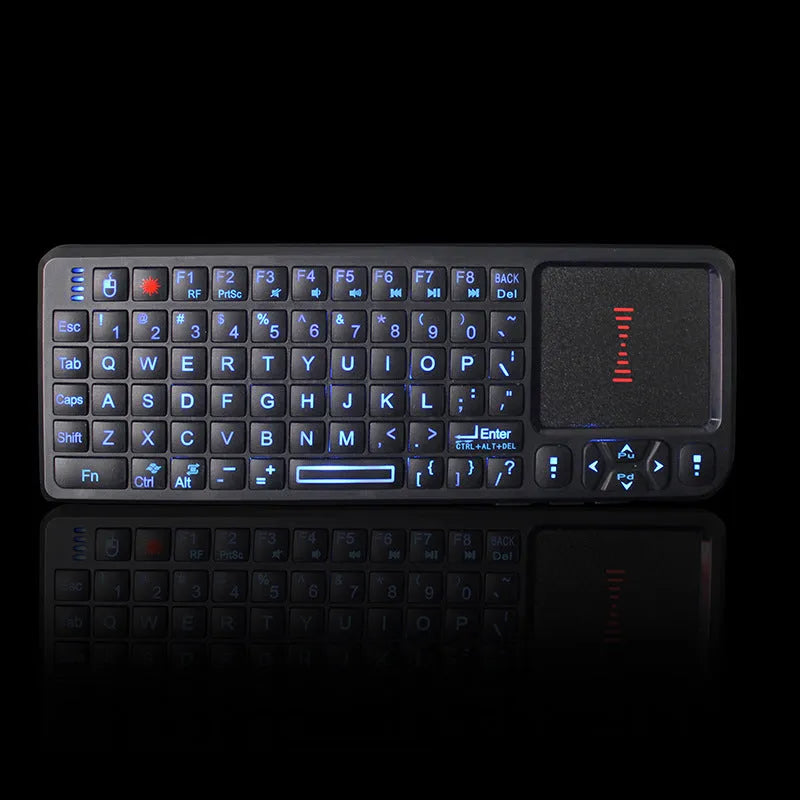 Black wireless laser teaching mini keyboard with touch screen showing backlit keys and compact design.