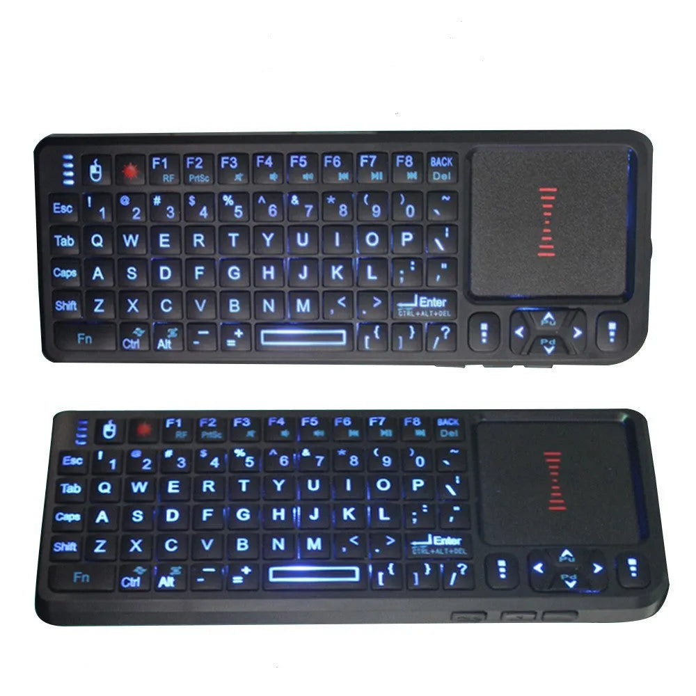 Black wireless laser teaching mini keyboard with touch screen showing backlit keys and compact design.