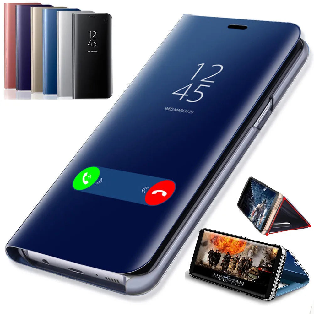 Samsung Galaxy mirror flip case with kickstand open showing interior mirror panel