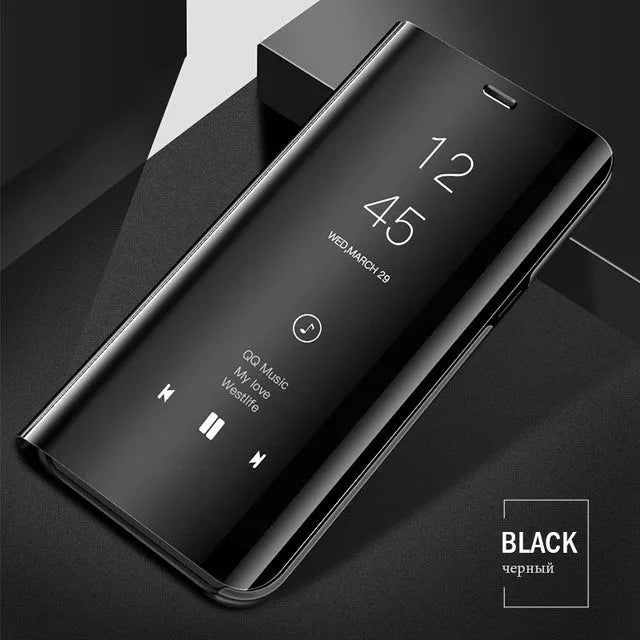 Samsung Galaxy mirror flip case with kickstand open showing interior mirror panel