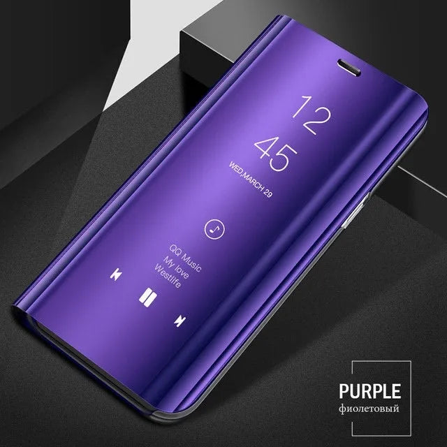 Samsung Galaxy mirror flip case with kickstand open showing interior mirror panel
