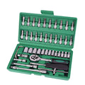 46-piece automotive tool set with ratchet, torque wrench, and sockets in green plastic case