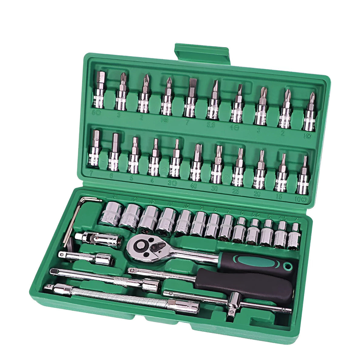 46-piece automotive tool set with ratchet, torque wrench, and sockets in green plastic case