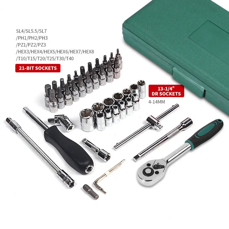 46-piece automotive tool set with ratchet, torque wrench, and sockets in green plastic case
