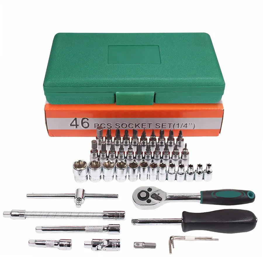 46-piece automotive tool set with ratchet, torque wrench, and sockets in green plastic case