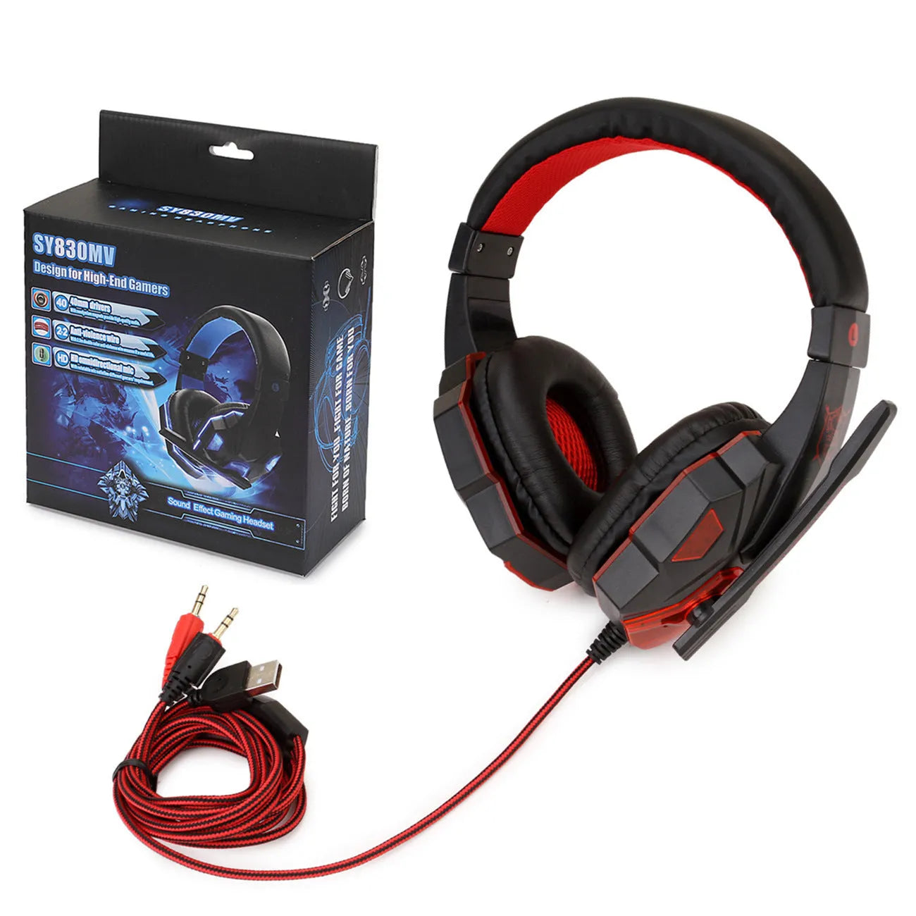 Wired gaming headset with light-up elements and tanned leather ear cushions in black and red colour option