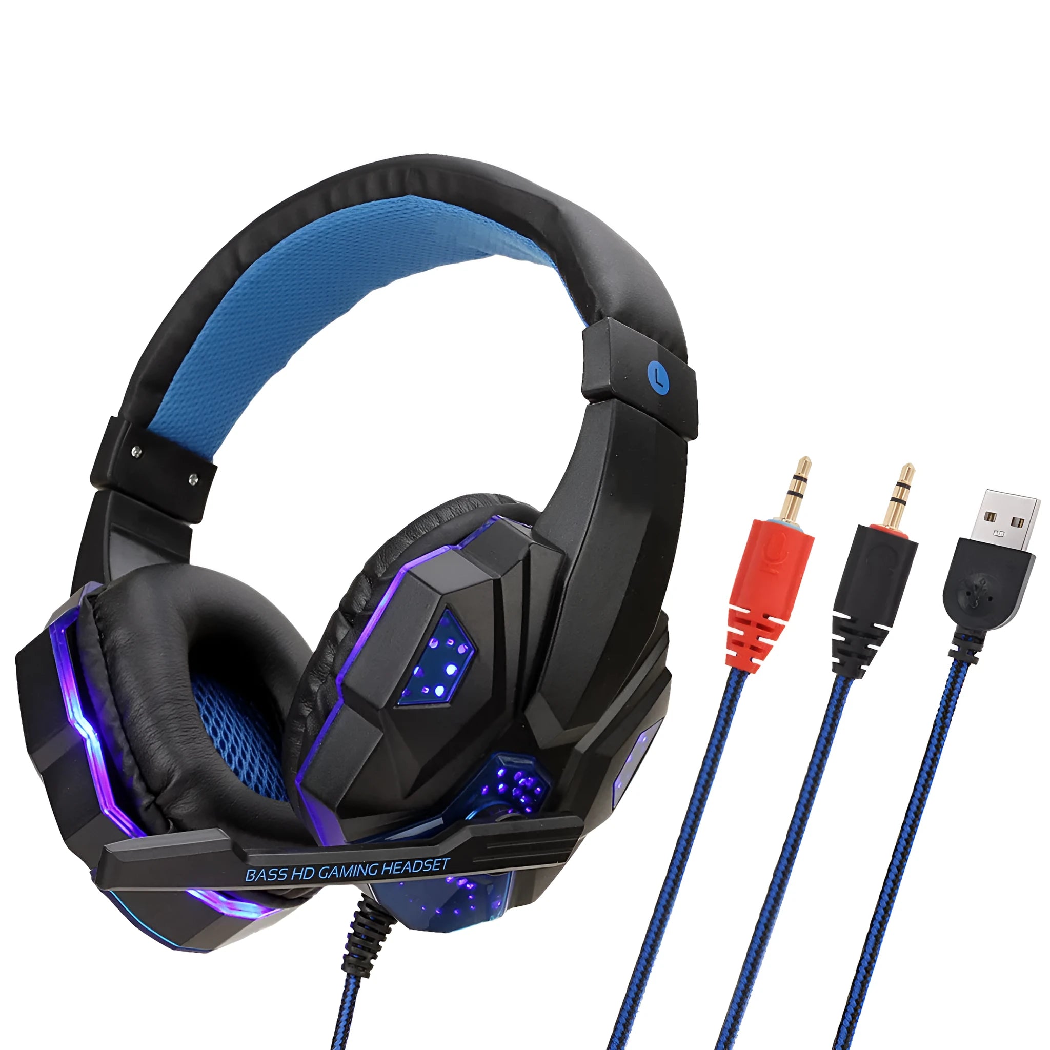 Wired gaming headset with light-up elements and tanned leather ear cushions in black and red colour option