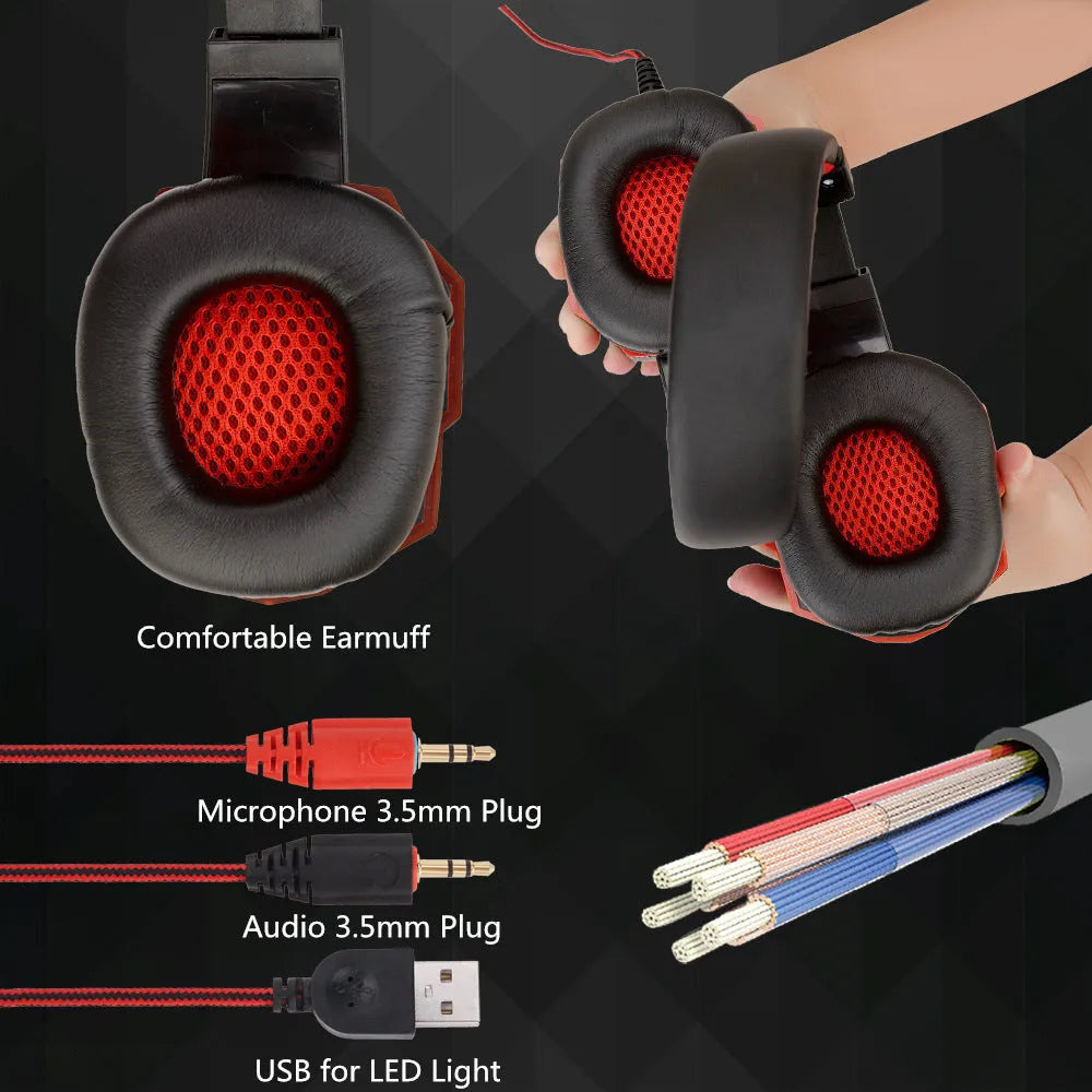 Wired gaming headset with light-up elements and tanned leather ear cushions in black and red colour option