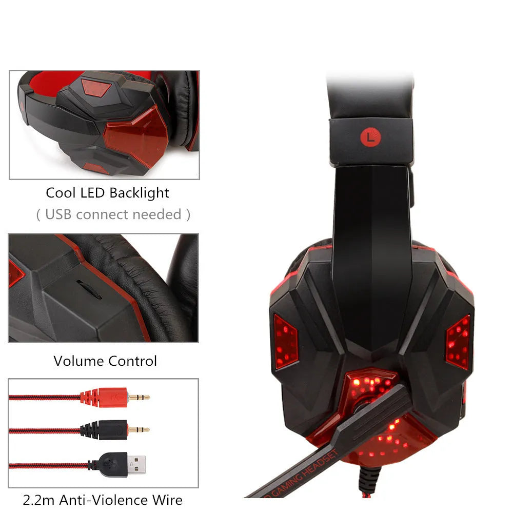 Wired gaming headset with light-up elements and tanned leather ear cushions in black and red colour option