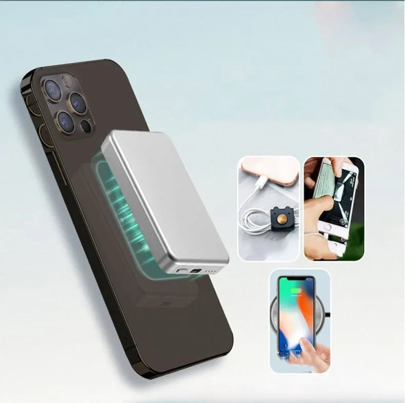 Silver aluminium wireless power bank with magnetic charging and USB-C port