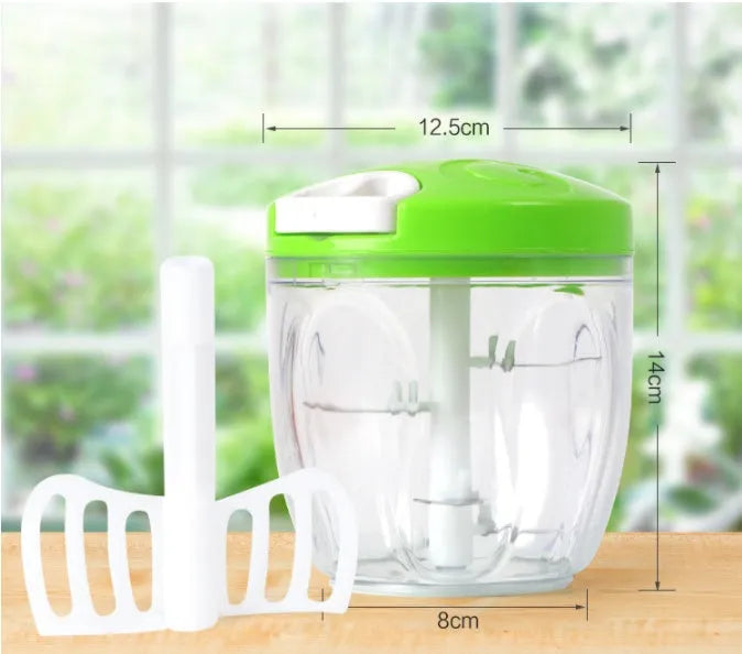 Green manual kitchen chopper with three blades and 500ml container for vegetables