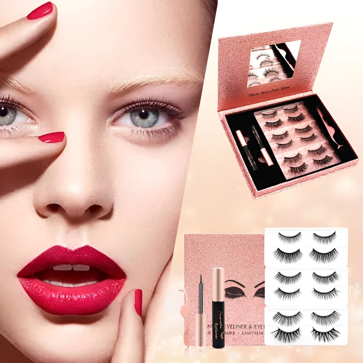 Magnetic eyelashes eyeliner kit with no glue, reusable hand made silk false lashes and tweezers